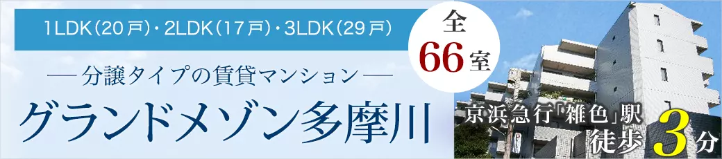 グランドメゾン多摩川 京浜急行「雑色」駅徒歩3分。分譲タイプの賃貸マンション。1LDK（20戸）・2LDK（17戸）・3LDK（29戸）。全66室。