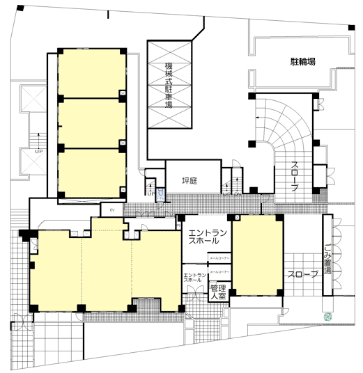 ファミネス久が原の区画図。ゆったりとした作りで、建物内に駐車場（機械式）もあります。